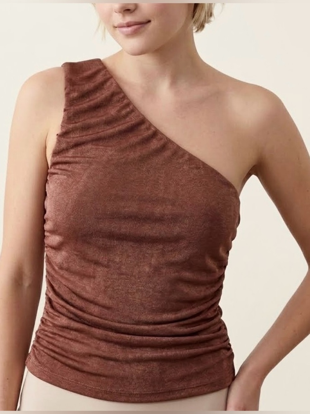 Moa Moa Womens Draped One Shoulder Asymmetric Top Size L Ruched Stretch Brown
